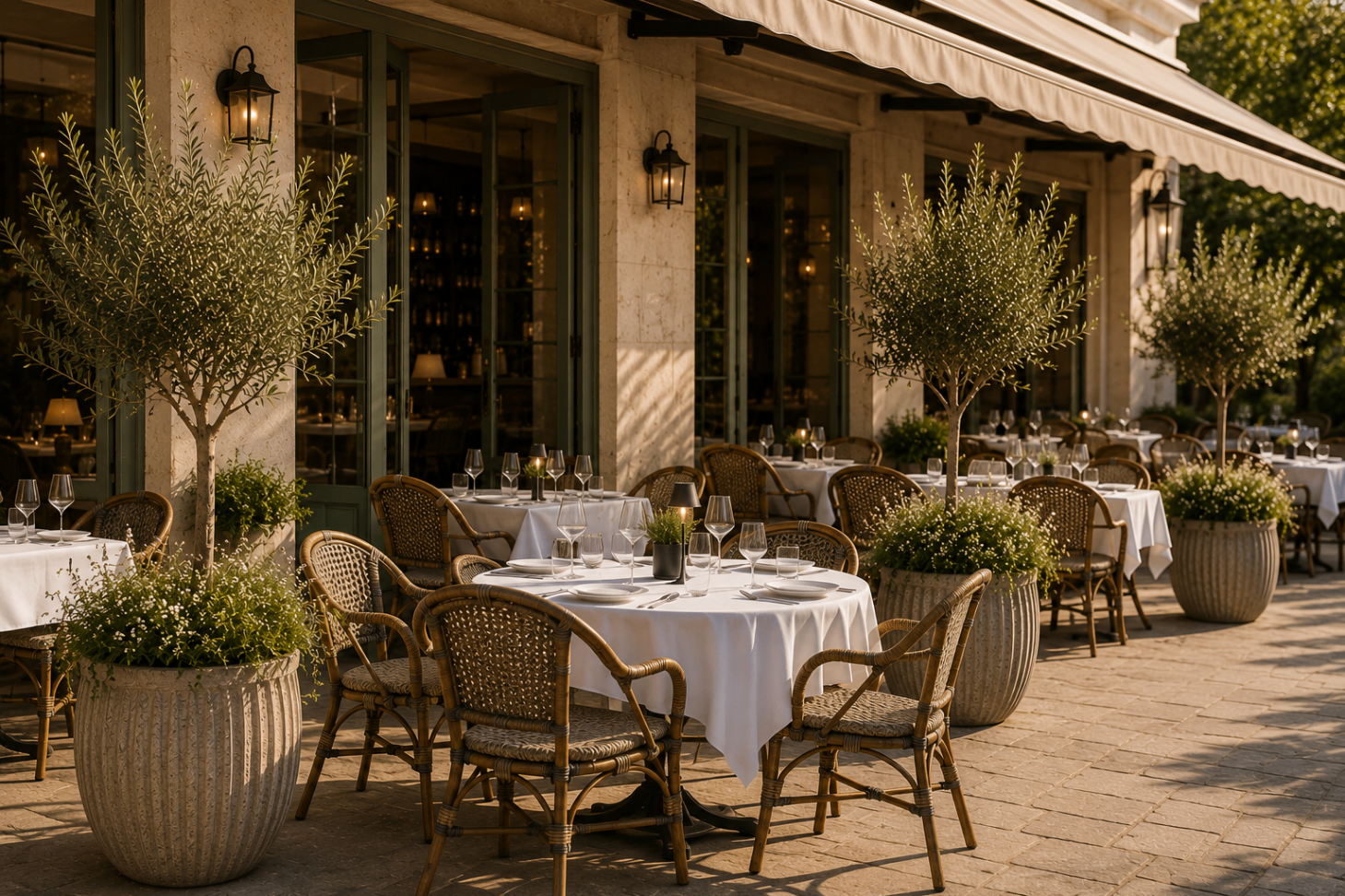 Outdoor restaurant terrace styled with olive trees and elegant planters