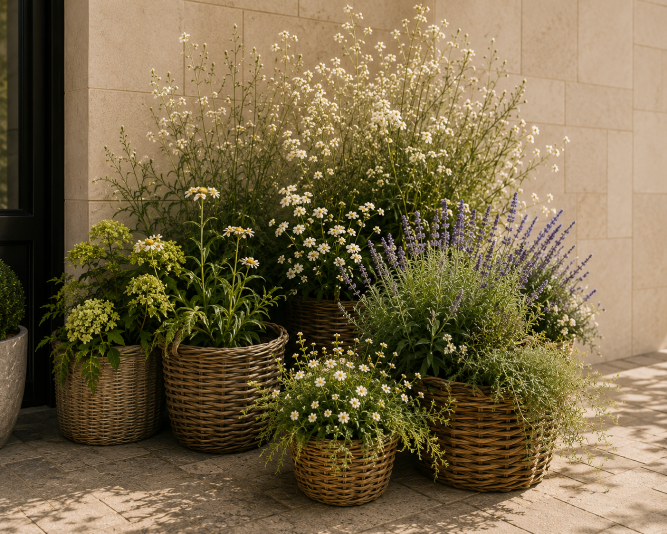 Soft seasonal basket planting with daisies and lavender