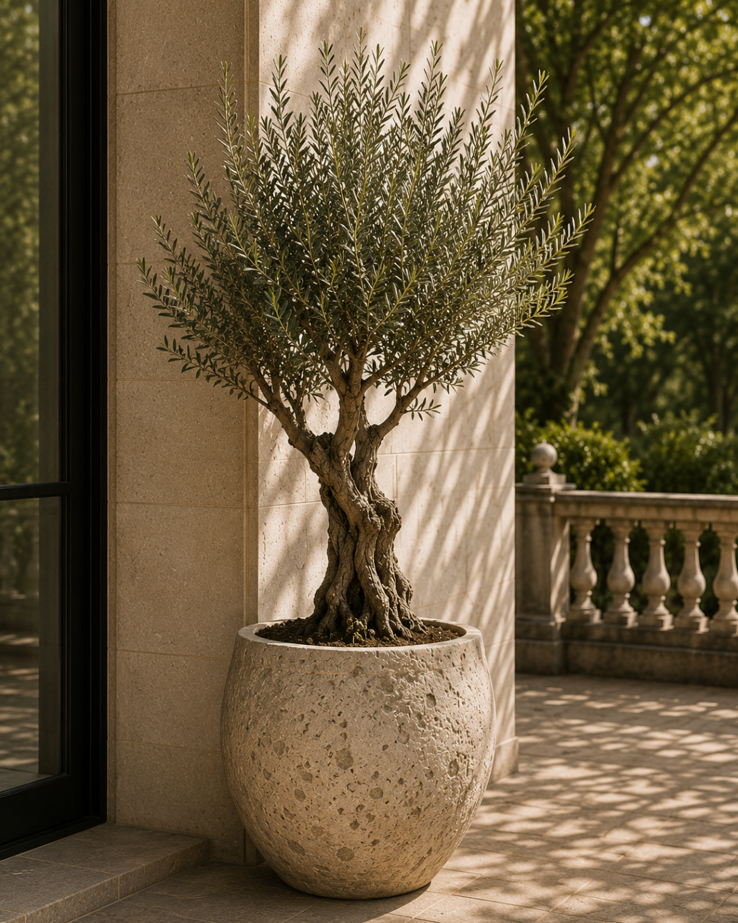 Mature olive tree in a timeless stone planter