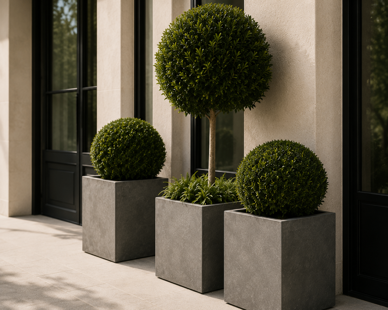Architectural topiary in sculptural square planters