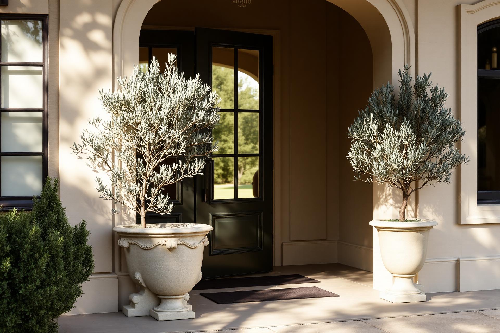 Olive trees in stone urns at an elegant entrance